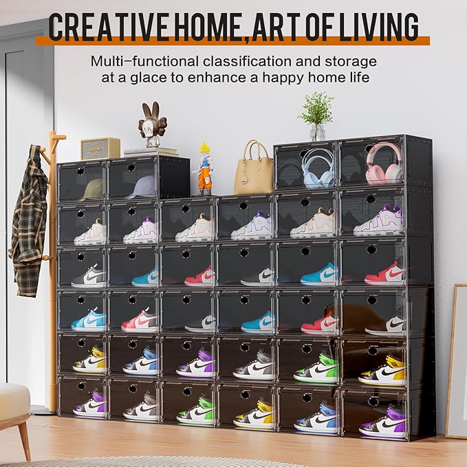 KEFA XL Shoe Storage Box Organizer, 6 Pack Shoe Boxes Clear Plastic Stackable, Sneaker Display Case Container Fit for US 13 (Side 6 PACK BLACK)