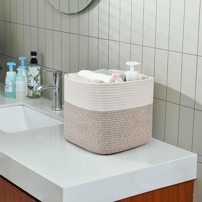 3 Pack Storage Cubes 11 Inch Cotton Rope Woven Baskets for Organizing Cube Bin Square Shelves Organizer,Classroom,Kids Toy Bins,Closet,Baby Nursery(Brown)