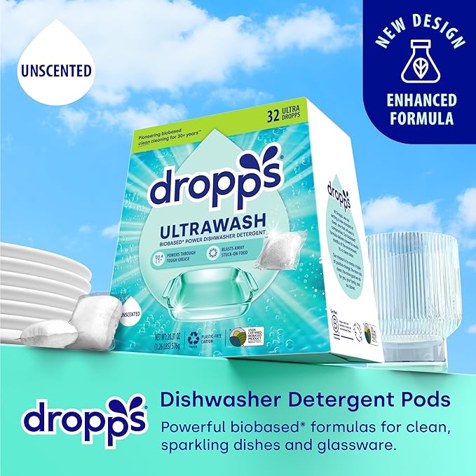 Dropps UltraWash Dishwasher Pods, Unscented (32 Count) - Biobased Power Deep Clean Dishwasher Detergent Tablets for Sparkling Shiny Dishes - No Rinse Aid or Pre-Wash Needed - Dishwashing Pods