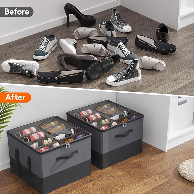 Lifewit Shoe Storage Organizer for Closet Fits 12-16 Pairs, Fabric Large Shoe Box Storage Containers with Clear Cover, Foldable Bins Fit for Boots Sneakers 17"(L) x 17"(W) x 12.5"(H) Gray and Black