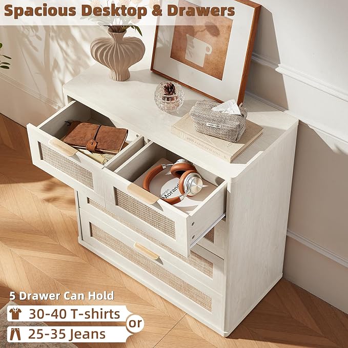 LEYAOYAO White Dresser for Bedroom, 33.5" Tall Chest of Drawers, Modern 5 Drawers Boho Rattan Dressers with Storage, Dresser Wooden Closet Organizer for Living Room, Hallway