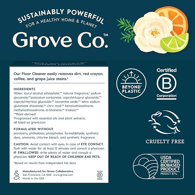 Grove Co. Floor Cleaner Refill Concentrate (2 x 1 Oz) + 1 x Durable Glass Spray Bottle (16 Oz) Plant-Based Cleaning Supplies Bundle, No Plastic Waste, 100% Natural Lavender & Thyme Scent