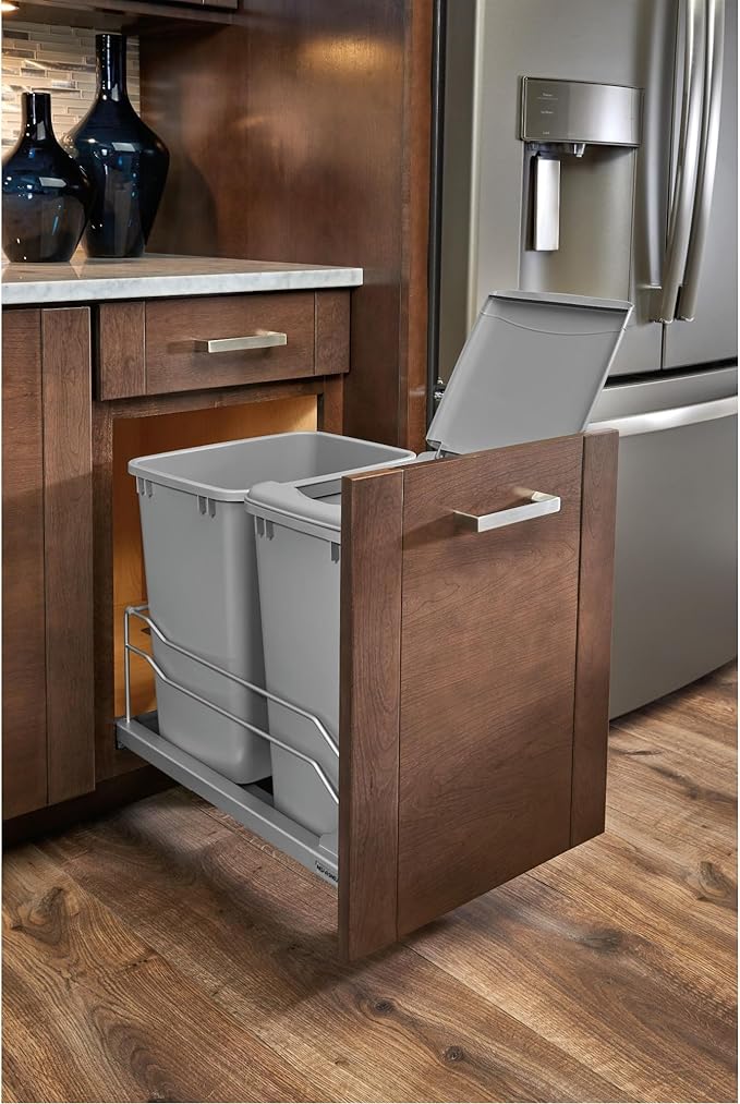 Rev-A-Shelf Double Pullout Trash Cans for Under Kitchen Cabinets 35 Quart 8.75 Gallon with Soft-Close Slides, Metallic Silver, 53WC-1835SCDM-217
