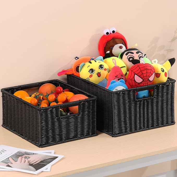 HOONEX Large Wicker Baskets for Storage, Plastic Baskets for Organizing with Dual Handles, Woven Baskets for Storage, Set of 2, (Black, 15 x 12.8 x 7.5 inches)