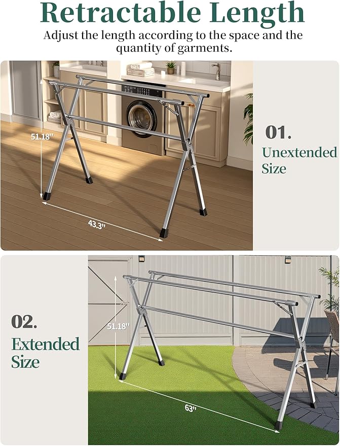 63 Inches Heavy - Duty Stainless Steel Folding Clothes Drying Rack - Indoor/Outdoor Use, Anti-Rust, 20 Windproof Hooks, Portable & Foldable (63'')