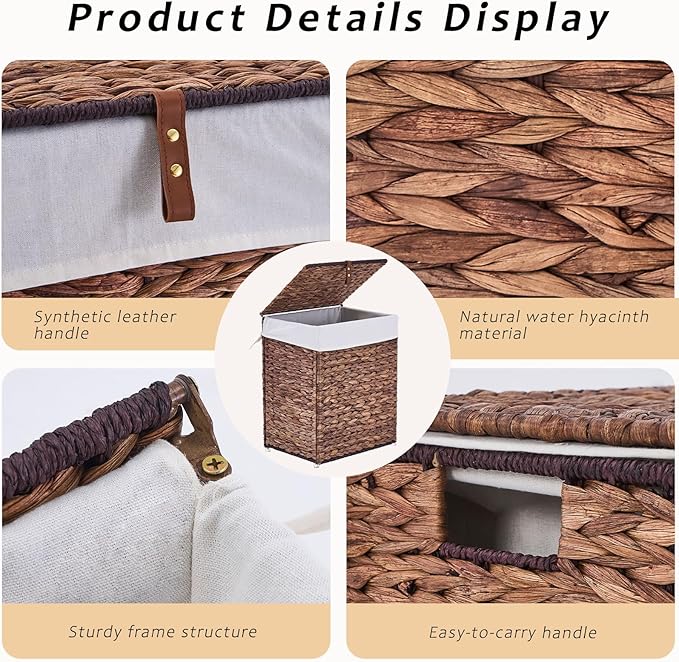 Handwoven Laundry Basket with Lid, Natural Water Hyacinth Storage Basket with Handle, Removable Cotton Liner, Durable and Stylish for Bedroom, Bathroom, Laundry Room
