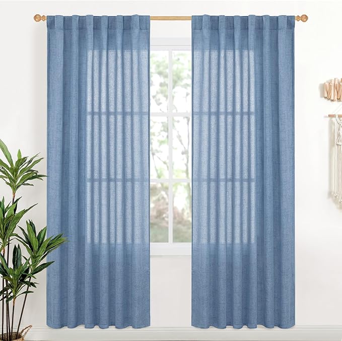 YoungsTex Denim Blue Linen Curtains 78 Inch Length for Living Room, Light Filtering Semi Sheer Window Drapes Rod Pocket Back Tab Curtain for Bedroom Office Dining Coastal, 2 Panels, 52 X 78 Inch