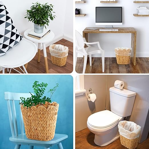 2 Pcs Wicker Trash Can with 50 Small Trash Bag Wicker Waste Woven Basket with Handles Clear Multi Use Garbage Bags for Bathroom Kitchen Bedroom (Calabash Vine,Scalloped Brim)