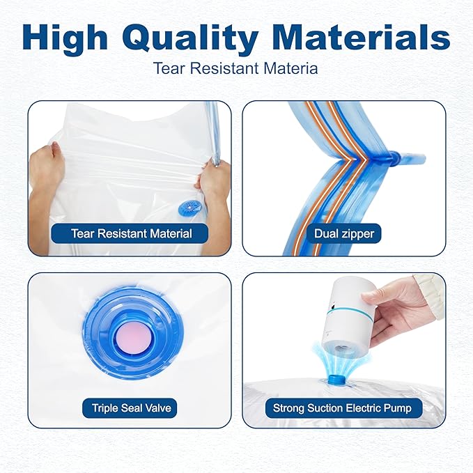 HOUSE DAY 10 Medium Vacuum Seal Bags For Clothing Travel, 80% Space Saving Travel Vacuum Bags with Electric Pump, Vacuum Storage Bags For Clothes, Blankets, Moving, Camping, Toys, Reusable & Durable