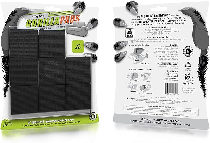 GorillaPads Non Slip Furniture Pads/Floor Gripping Pads (Set of 16 Grips) 2 Inch Square Floor Protectors for Under Furniture, Black, CB142-16