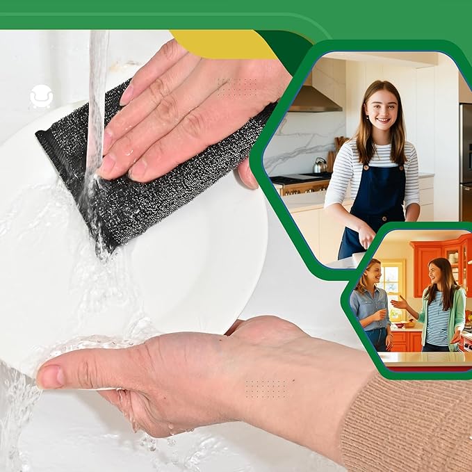 Steel Wool Scrub Sponges Kitchen, Reusable Dish Scrubber Sponge, for Pots, Pans, Gentle and Scratch Free - 6 Pack Black