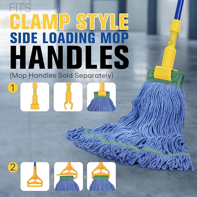 Matthew Cleaning Commercial Mop Head Replacement, 5 Inch Wide Headband, Looped End Cotton Blend String Wet Mops for Floor Cleaning, 18 oz Medium, 3-Pack Blue