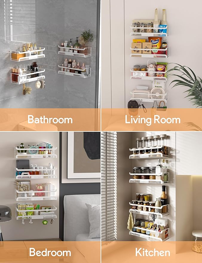 Spice Rack Wall Mount with Hooks - Spice Racks Organizer for Cabinet Storage, Wall Mounted Hanging Shelf Seasoning Organizer, for Kitchen, Pantry Door, Bathroom (White, 4 Pack)
