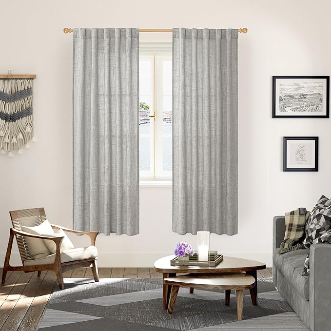 YoungsTex Dark Grey Linen Curtains 72 Inch Long 2 Panels for Living Room, Back Tab Rod Pocket Semi Sheer Window Drapes Light Filtering Textured for Bedroom Dining, 42 X 72 Inch