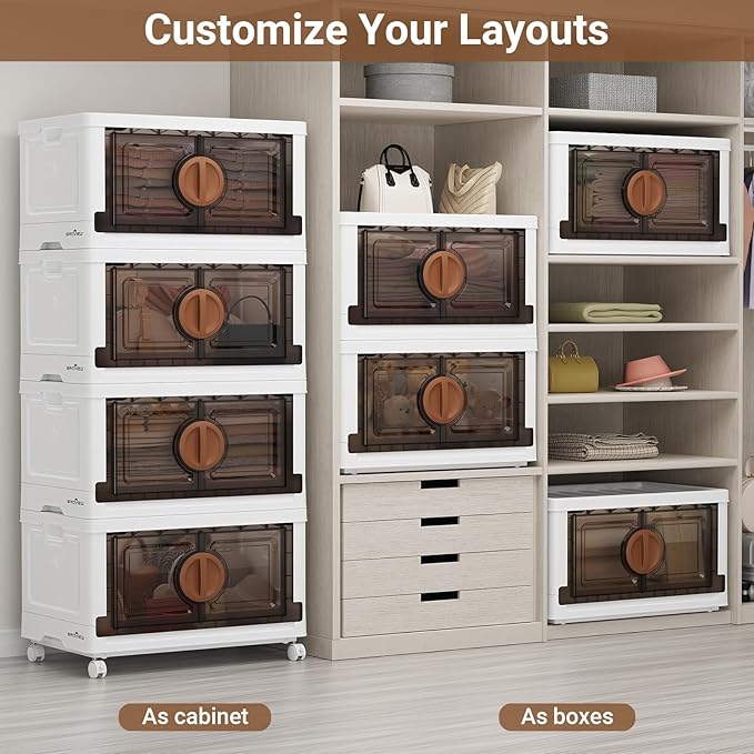 BROVIEW 480Qt Lockable Stackable Storage Bins with Lids, Closet Organizers and Storage Drawer, Collapsible Storage Bin with Wheels, Plastic Cabinet for Toy Clothes Dorm Organizer, V9 4 Pack Brown