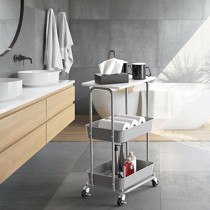 Simple Houseware 2-Tier Rolling Utility Cart with Lockable Wheels and Wood Top, Metal Storage Organizer Trolley for Kitchen, Bathroom, Office, Craft Room, White