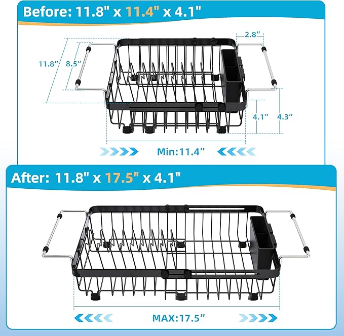 romision Expandable Dish Drying Rack Over The Sink Small Metal Stainless Steel Plate Holder for Compact Kitchen, Space Saving Modern Black Hanging Drainer