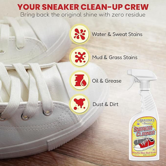 Grandma's Secret Sneaker Cleaner - Shoe Cleaner for Rubber, Canvas and Leather - Stain Remover Spray Removes Dirt, Grime and Grass - Sneakers Cleaner for Outdoor Shoes, Slippers and Moccasins – 16 oz