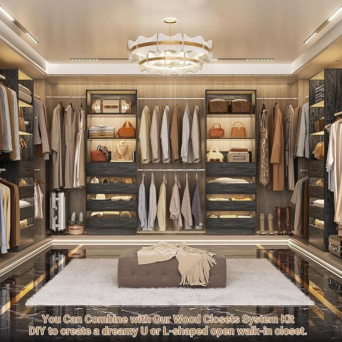 Aheaplus Closet System, 6-15Ft Closet Organizer with 8 Wooden Drawers, Wood Closet Organizer System with Tower, Walk-in Closet Organizer Wardrobe Garment Clothes Rack with 4 Hanging Rods, Black Oak