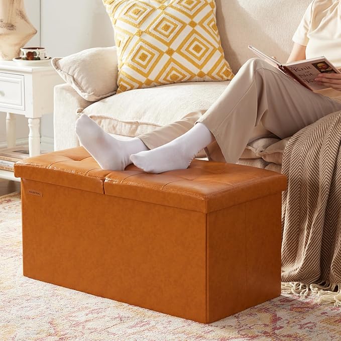 HAUSFRAU - 30 Inches Storage Ottoman Bench with Flipping Lid, Foldable Storage Chest Foot Rest for Living Room, Bedroom, Entryway, Load 660 lb, Synthetic Leather, Cognac Brown