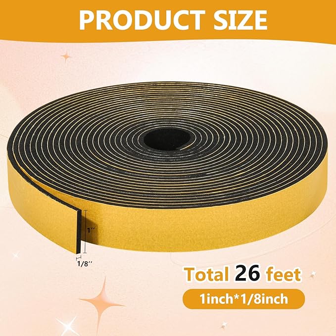26Feet Weather Stripping Seal (1 Inch X 1/8 Inch) for Door Window, High Density Foam Tape, Soundproofing, Insulation Strip, Door Sealers for Door Frame- Black