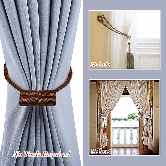 Hion Magnetic Curtain Tiebacks Dark Brown 2pcs, Curtain Tiebacks Buckles Holdbacks Holders Hooks Clip for Home Bedroom Office Decorative Curtain