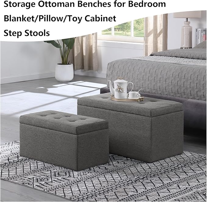 Storage Ottoman Bench with 2.56-inch Thick Seat, 31.5 inch Nesting Ottoman Set of 2, Hinged Flip Top Bench with Storage for Living Room, Bedroom, Light Grey