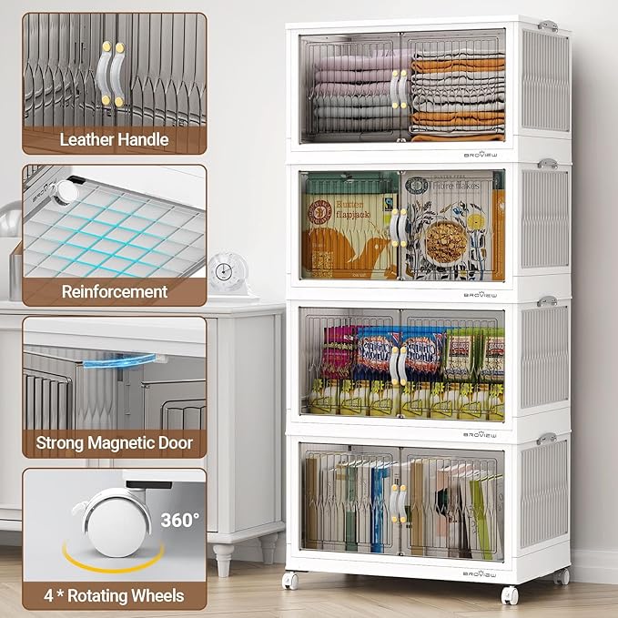 BROVIEW 480Qt Stackable Storage Bins with Lid, Extra Large Closet Organizer Collapsible Drawer Boxes with Wheels, Folding Plastic Cabinet Containers for Home Kitchen Room Organization, 4Pack White
