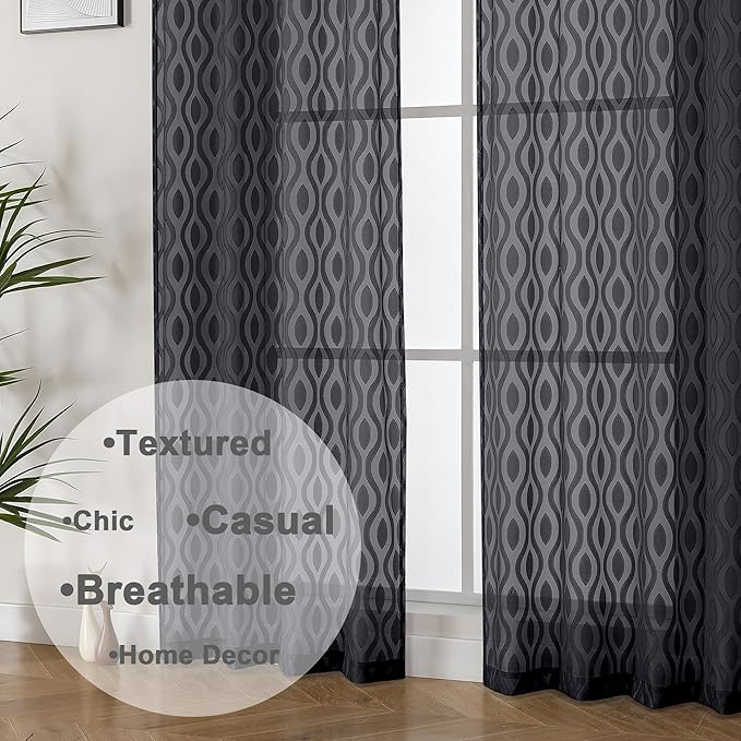Aiyufeng Extra Long Sheer Curtains 96 Inches Long for Bedroom 2 Panels Set, Farmhouse Black Wavy Line Light Filtering Clip Jacquard Solid Voile Living Room Curtains, Dual Rod Pocket, 40"Wx96"L Inches