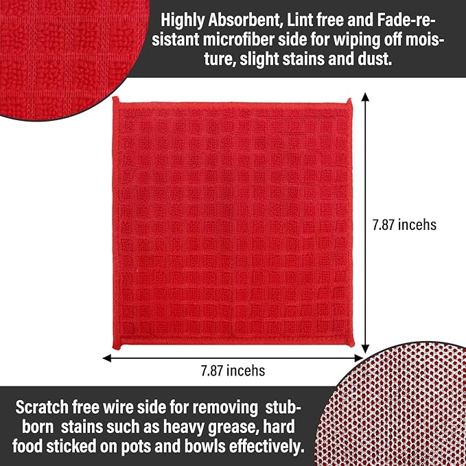 Dish Rags for Washing Dishes 8 Pack Multipurpose Wire Miracle Cleaning Coths Non-Scratch Wire Dishwashing Rag Lint Free Microfiber Cleaning Cloth for Kitchen Windows (Red)