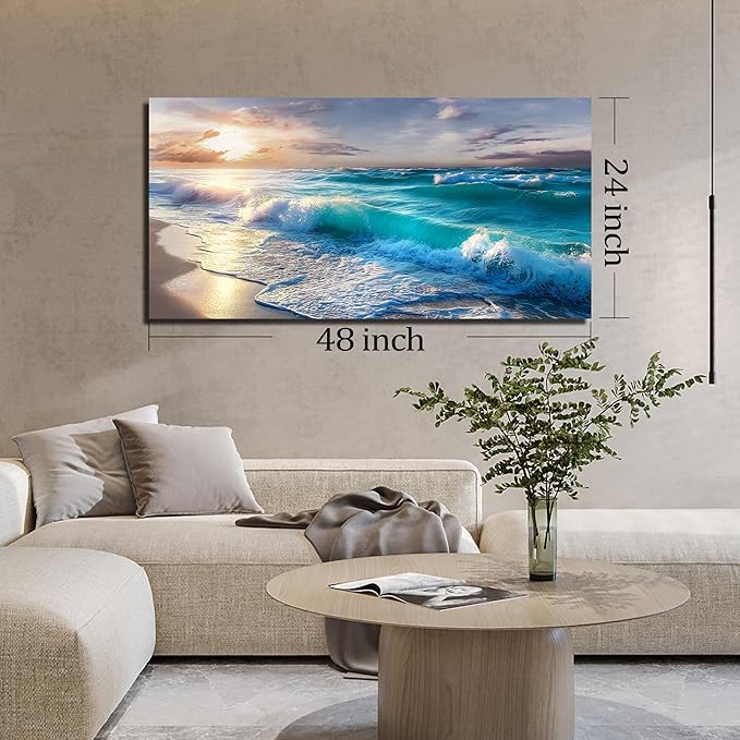 GUGIKA Ocean Wall Art for Living Room, Blue Wave and Large Coastal Beach Canvas Wall-Decor for Bedroom, Gold Sun Scenery Pictures for Hallway Office, Size 48 x 24 Inches