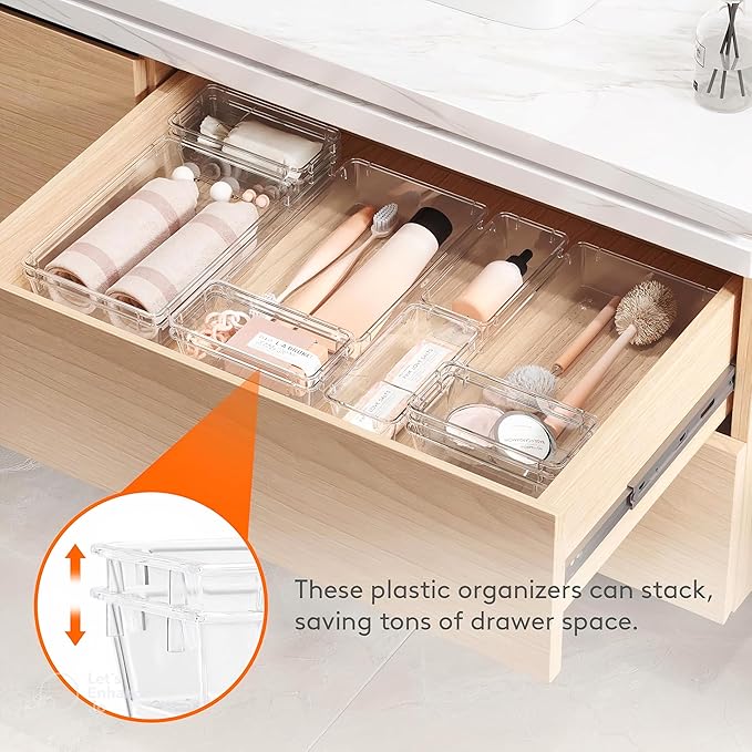 21-Pack Clear Plastic Drawer Organizer Trays – BPA-Free Storage Bins for Kitchen Utensils, Makeup, Jewelry, Office Desk, Bathroom & School Supplies – Multi-Use Home Organization Solution