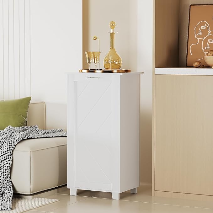 VECELO Tilt Out Kitchen Trash Bin Cabinet, Dog Proof Garbage Can with Wood Holder Free Standing Recycling, Pure White