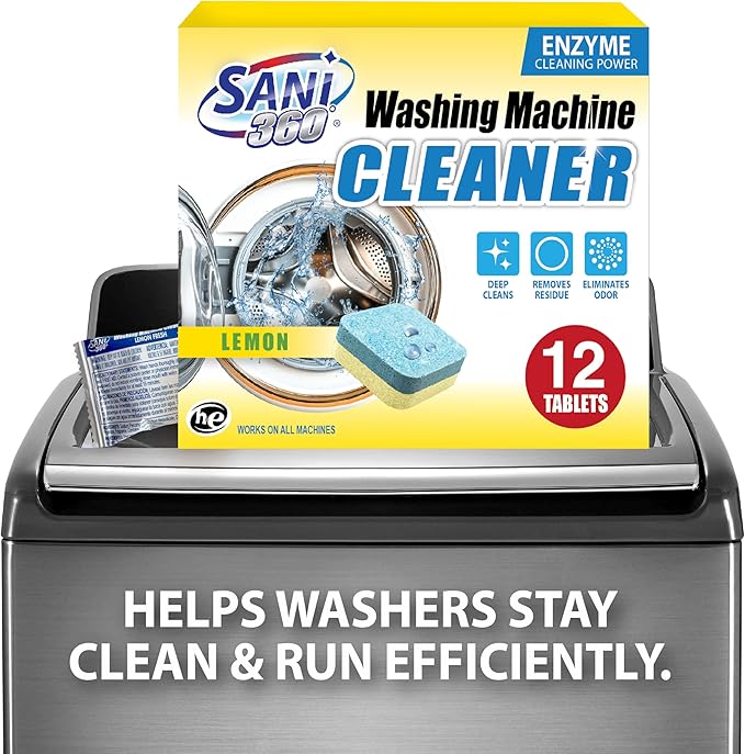 SANI 360° Washing Machine Cleaning tablets, 12 pack is Formulated with Enzyme, Deep Cleans and Deodorizes Front and Top Loading Washers use up to 1 year supply Lemon Scent