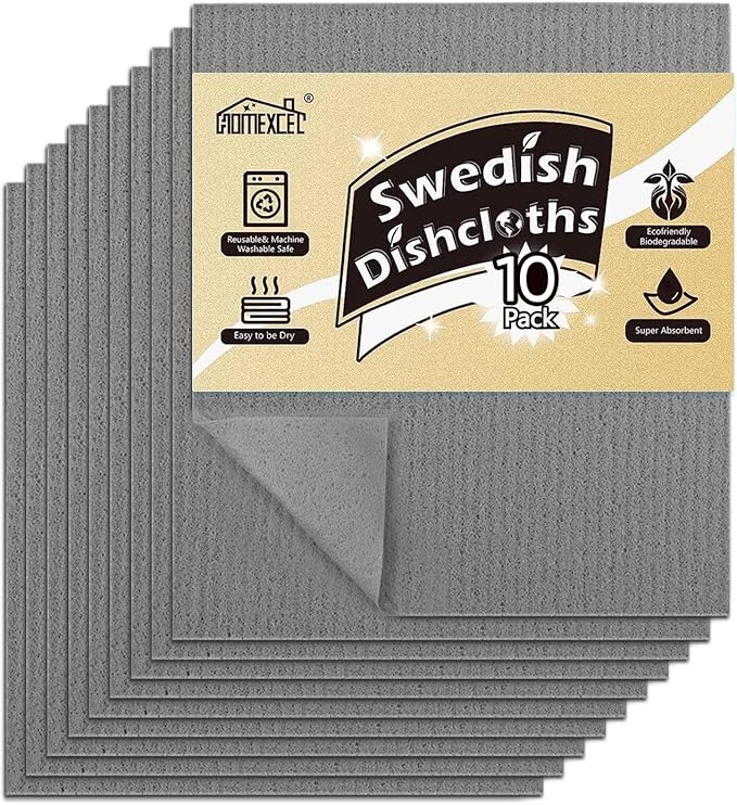 HOMEXCEL Swedish Dishcloths for Kitchen 10 Pack, Sponge Dish Cloth for Counters & Washing Dishes, Reusable and Absorbent Paper Towels, Grey