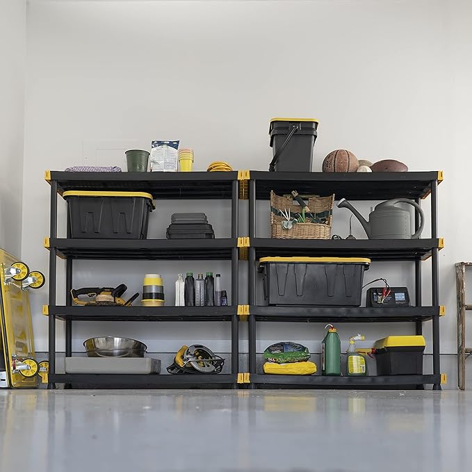 CX Black & Yellow, Shelving Unit and Heavy Duty Storage Containers, Extremely Durable (Shelf + 27 Gallon Container (4-Pack))