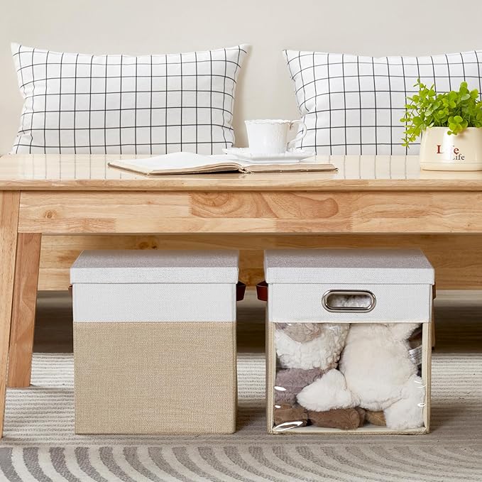 Fabric Storage Cubes with Clear Windows and Lids 11'' Foldable Storage Bins with 3 Handles, Decorative Storage Boxes for Home, Bedroom, Closet, Office (Beige & White)