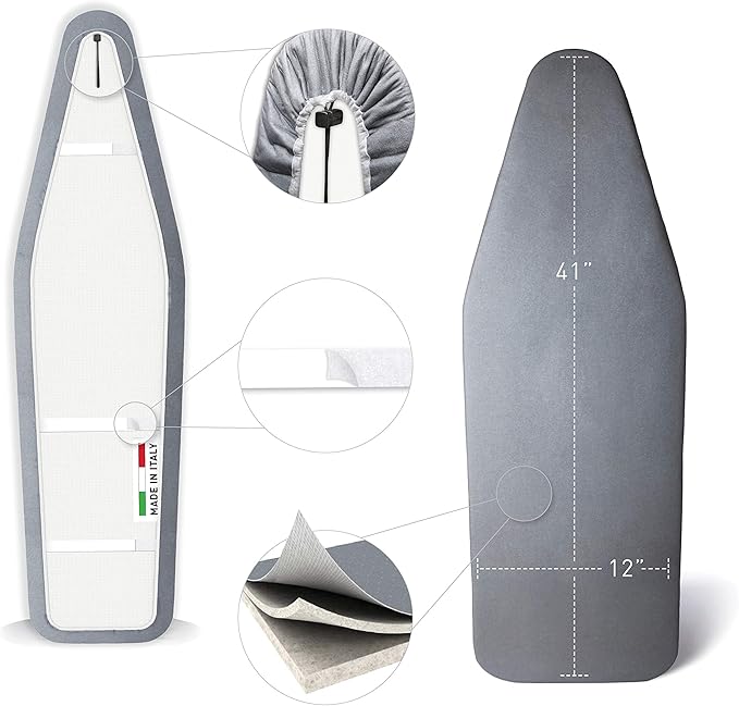TIVIT Ironing Board Cover 12 x 41, Made in Italy. Pro Grip Pad Covers w/3 Fastener Straps & Pull Bungee Cord - Durable Scorch & Stain Resistant Padded Layers, Heat Reflective AlumiTek PRO Top Coat