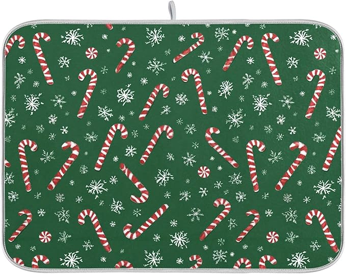 Christmas Candy Cane Dish Drying Mat for Kitchen Countertop 16x18 Winter Snowflake Green Xmas Small Drying Mat Reusable Quick Dry Dish Sink Mats Easy Clean Decorative Essentials