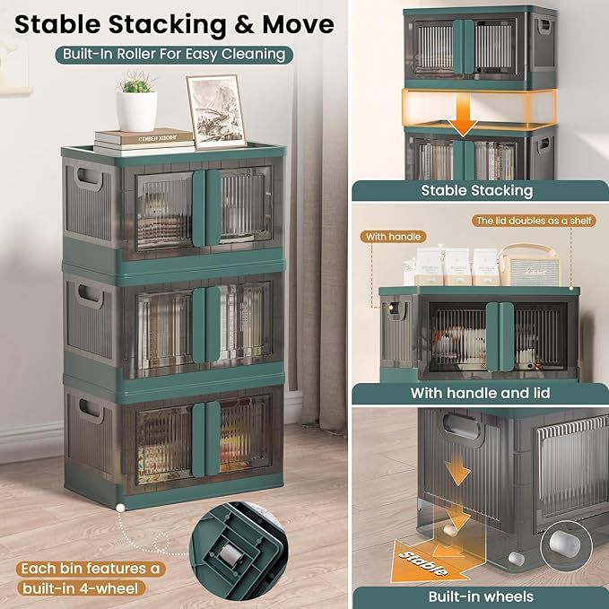 8.4Gal Collapsible Storage Bins with Lids & Wheels - 2 Pack Stackable with Doors, Heavy-Duty Plastic Containers for Home/Office, Green
