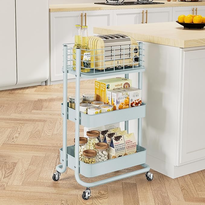 KINGRACK 3 Tier Rolling Cart, Metal Mobile Storage Shelf with Lockable Wheels, Prevent Falling Utility Trolley Cart, Storage Organizer for Kitchen, Office, Bathroom, Dorm, Green