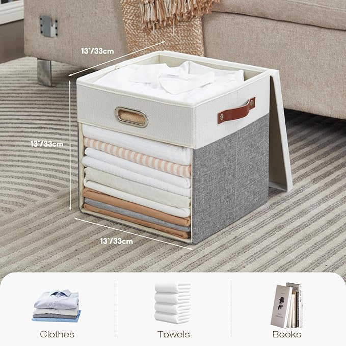 Fabric Storage Cubes with Clear Windows and Lids, 13'' Foldable Storage Bins with 3 Handles, Decorative Storage Boxes for Home, Bedroom, Closet, Office (Gray & White)
