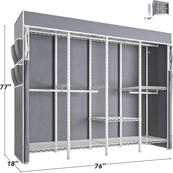 Raybee Clothes Rack with Cover,1150LBS Heavy Duty Clothing Rack for Hanging Clothes,Adjustable Portable,18" D x 76" W x 77" H,White