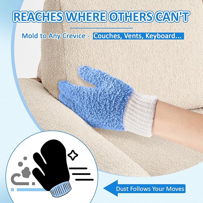 MIG4U Microfiber Dusting Gloves House Cleaning Glove for Blinds, Windows, Shutters, Furniture, and Car, Reusable Lint-Free Blue 2 Pairs S/M