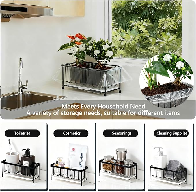 Kavciva Sink Caddy Sponge Holder,304 Stainless Steel Dish Brush Holder,Kitchen Countertop Sink Rack,Dish Soap Holder,Dishwashing Tool Drying Tray with Adjustable Partitions,Essential Kitchen Shelves