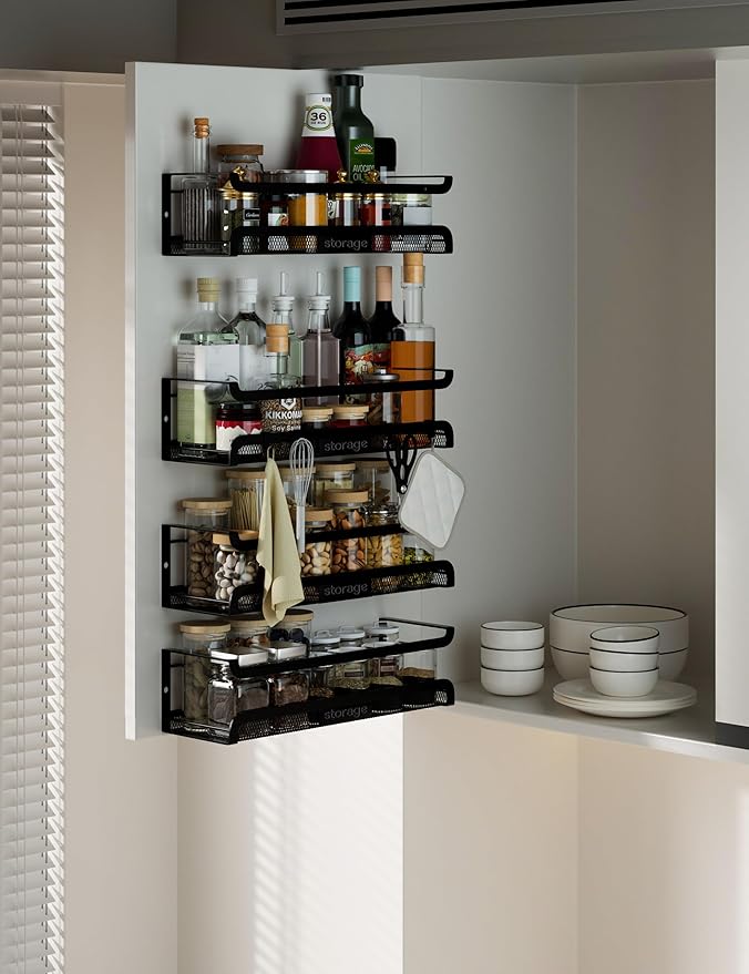 Spice Rack Wall Mount with Hooks - Spice Racks Organizer for Cabinet Storage, Wall Mounted Hanging Shelf Seasoning Organizer, for Kitchen, Pantry Door, Bathroom (Black, 2 Pack)
