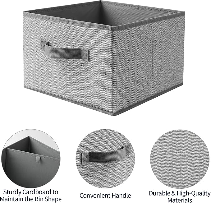 Storage Baskets, 11-Inch Woven Fabric Bins, Storage Cubes with Reinforced Handles, Organizer Bins for Closet Shelves, Foldable, for Toys, Clothes, Natural Beige (4PCS/Grey-11*11*7.8inch)