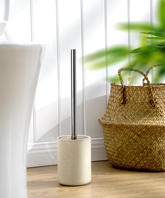 Ceramic Toilet Brush & Holder Set - Freestanding Deep-Cleaning Toilet Bowl Cleaner Brush, Stainless Steel Handle, Small & Sturdy for Storage, Easy to Clean, Non-Scratching