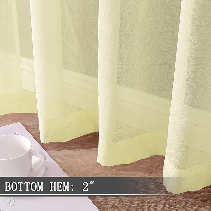 Tollpiz Short Sheer Curtains Linen Textured Living Room Curtain Sheers Light Filtering Rod Pocket Voile Curtains for Bedroom, 42 x 45 inches Long, Transparent Yellow, Set of 2 Panels