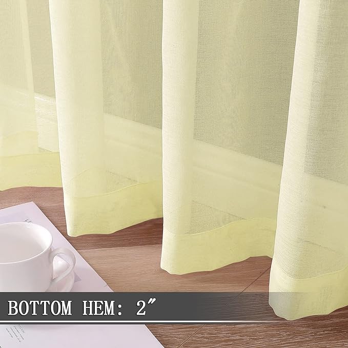 Tollpiz Short Sheer Curtain Linen Textured Bedroom Curtains Sheer Light Filtering Rod Pocket Voile Curtain for Living Room, 54 x 54 inches Long, Transparent Yellow, Set of 2 Panels
